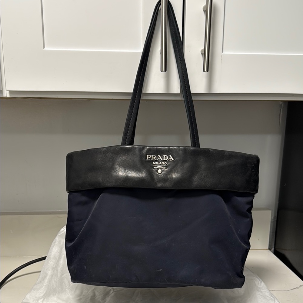 Prada Navy Tessuto Nylon Black Leather Tote Bag Made in Italy